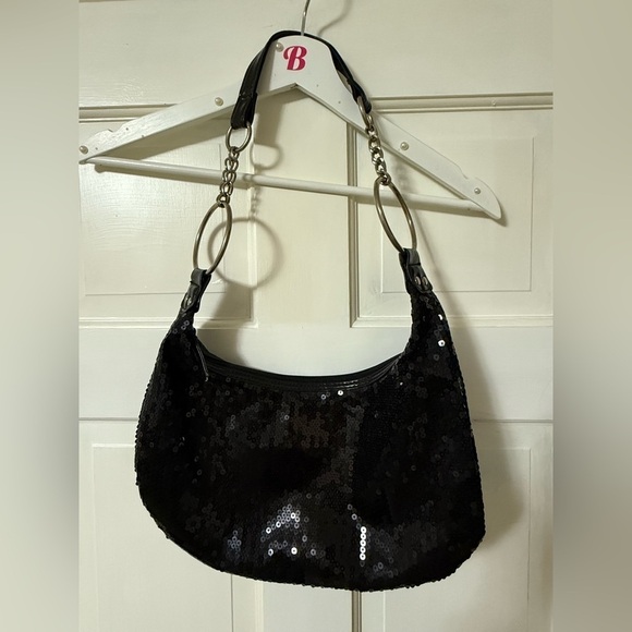 Vintage Handbags - Y2K Unbranded Black Sequin Shoulder Bag Purse With Chain 90s Old Money Preppy